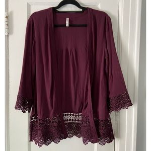 Burgundy Cardigan Top with Lace Detail
